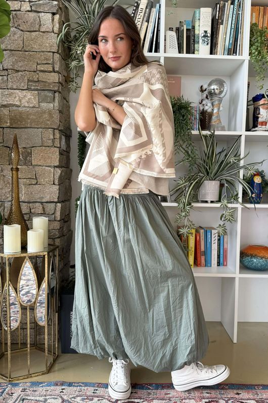 Paloma Bubble Hem Midi Skirt Soft Khaki